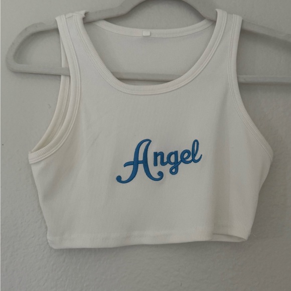 Tops - White Crop Top with Blue 'Angel' Embroidery